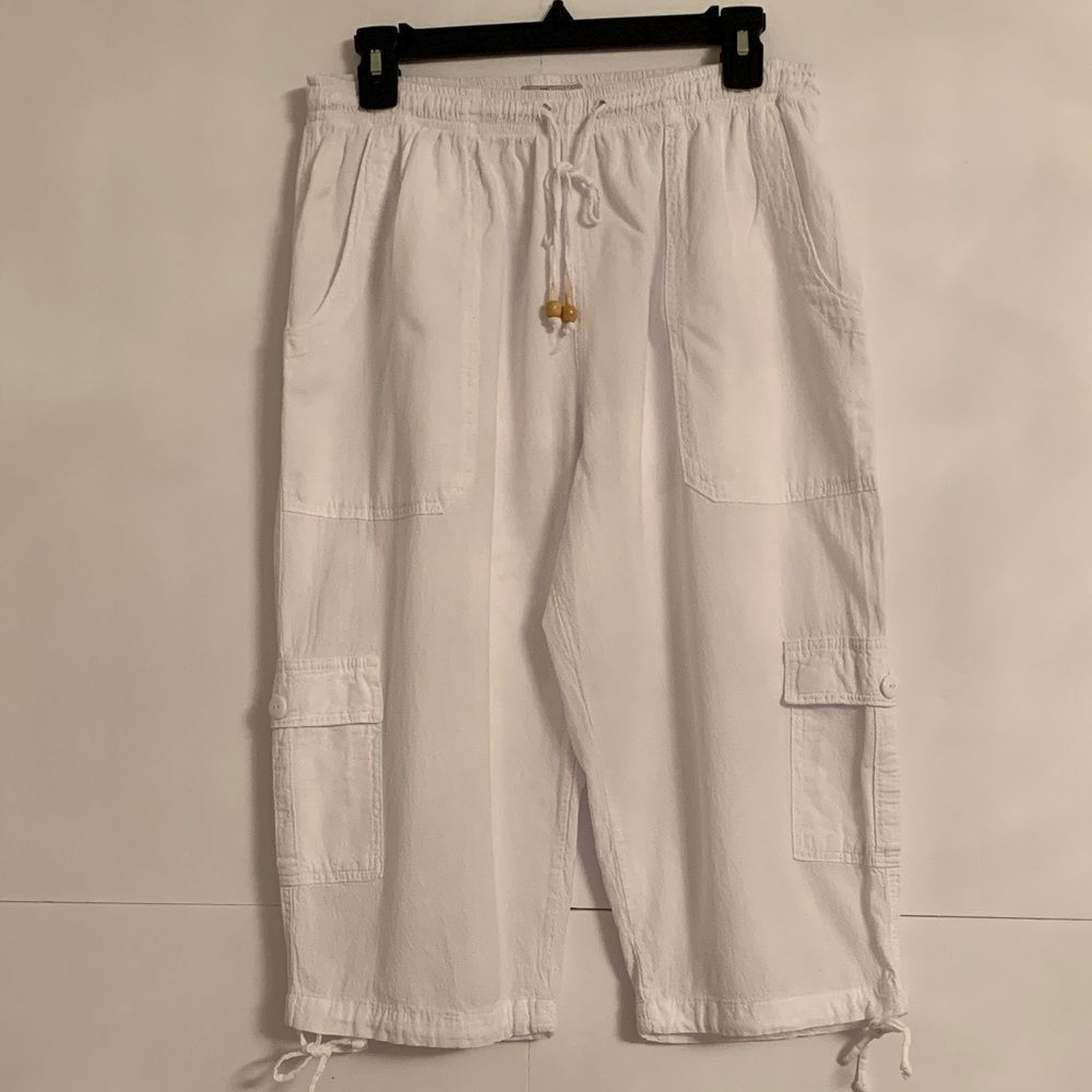 Cotton Collection White Cargo Capris Pants Elastic Waist Drawstring Hem Size XL